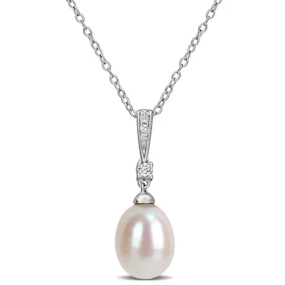 8.5-9mm Freshwater Cultured Pearl and White Topaz Pendant with Chain in Sterling Silver