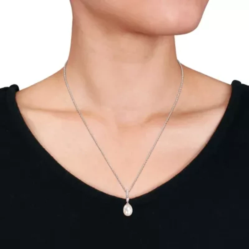 8.5-9mm Freshwater Cultured Pearl and White Topaz Pendant with Chain in Sterling Silver