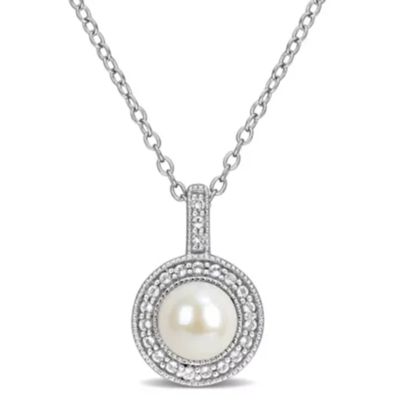 5.5-6mm Freshwater Cultured Pearl and White Topaz Halo Pendant with Chain in Sterling Silver