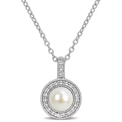 5.5-6mm Freshwater Cultured Pearl and White Topaz Halo Pendant with Chain in Sterling Silver