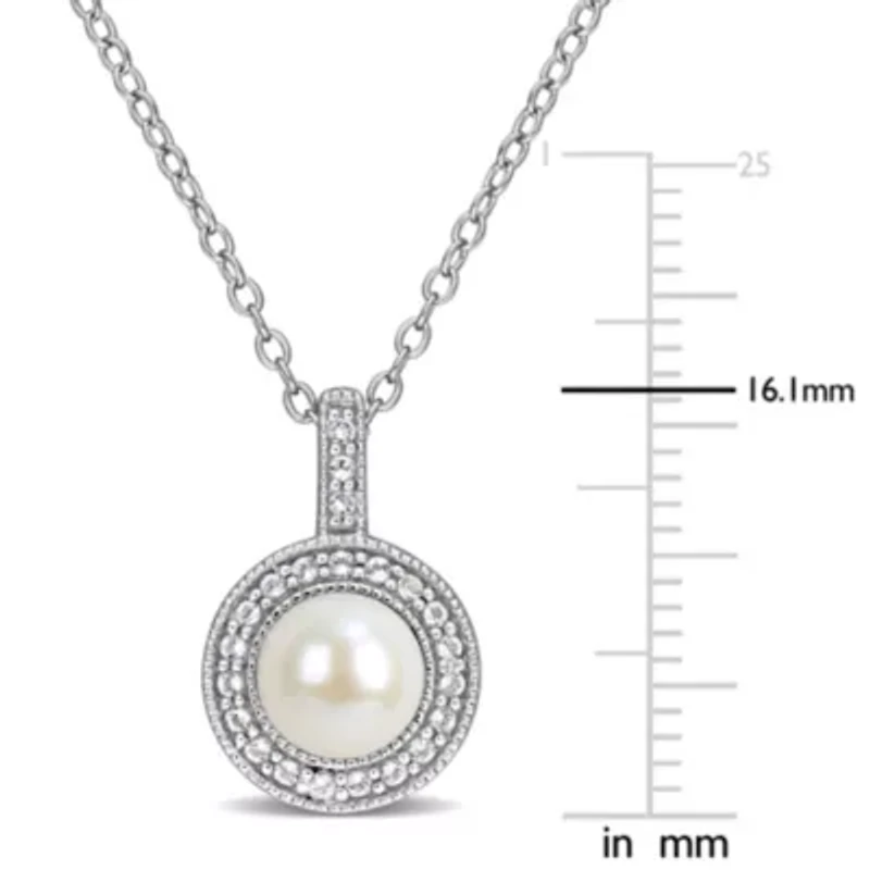5.5-6mm Freshwater Cultured Pearl and White Topaz Halo Pendant with Chain in Sterling Silver