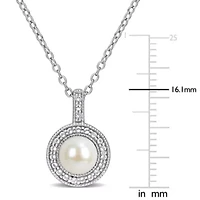 5.5-6mm Freshwater Cultured Pearl and White Topaz Halo Pendant with Chain in Sterling Silver