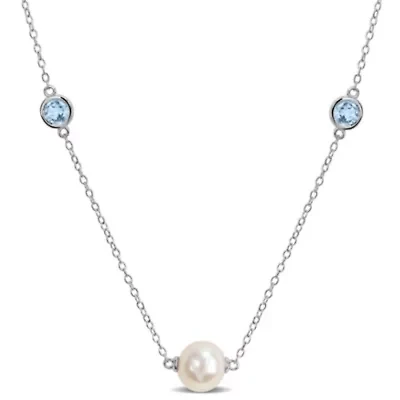 8-9mm Freshwater Cultured Pearl and Sky Blue Topaz Station Necklace in Sterling Silver