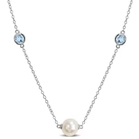 8-9mm Freshwater Cultured Pearl and Sky Blue Topaz Station Necklace in Sterling Silver