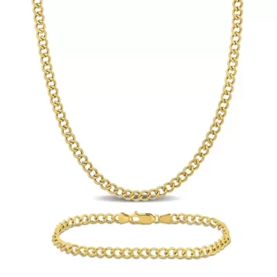 2-Piece Set of 4mm Curb Chain Necklace and Anklet in 14K Yellow Gold, 16" & 9"