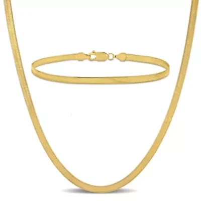 2-Piece Set of 3.5mm Herringbone Chain Necklace and Anklet in 10K Yellow Gold, 16" & 9"