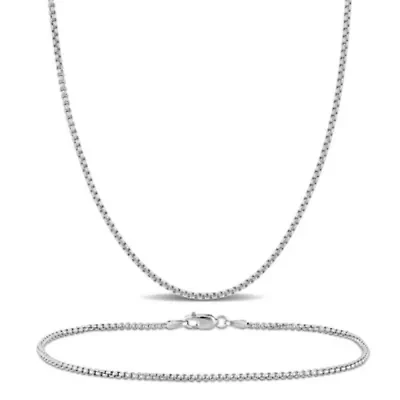 2-Piece Set of Men's 1.6mm Box Link Chain Necklace and Bracelet in 10K White Gold, 20" & 9"