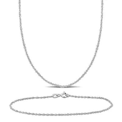 2-Piece Set of 1.2mm Singapore Chain Necklace and Bracelet in 14K White Gold, 20" & 7.5"