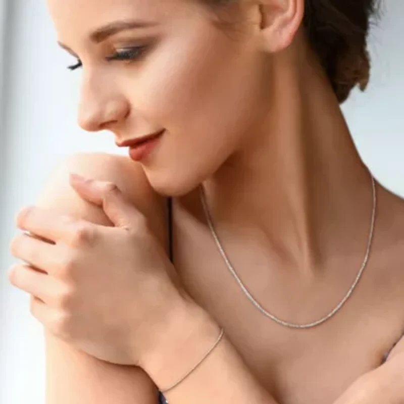 2-Piece Set of 1.2mm Singapore Chain Necklace and Bracelet in 14K White Gold, 20" & 7.5"