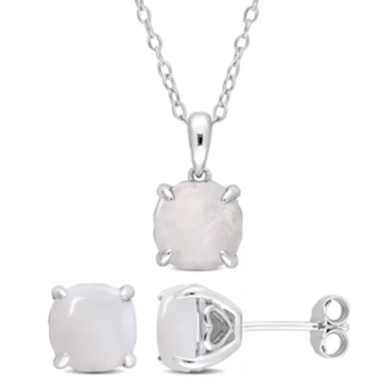 2-Pc Set of Opal Solitaire Earrings & Pendant with Chain in Sterling Silver