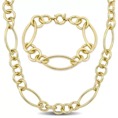 2-Pc Set of Fancy Link Bracelet & Necklace in Yellow Plated Sterling Silver