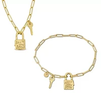 2-Pc Set of Paper Clip Link Charm Necklace & Bracelet in Yellow Plated Sterling Silver