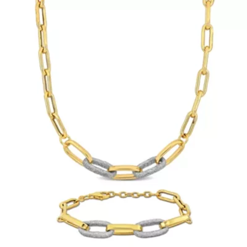 2-Pc Set of Oval Link with White Sparkle Enamel Necklace & Bracelet in Yellow Plated Sterling Silver