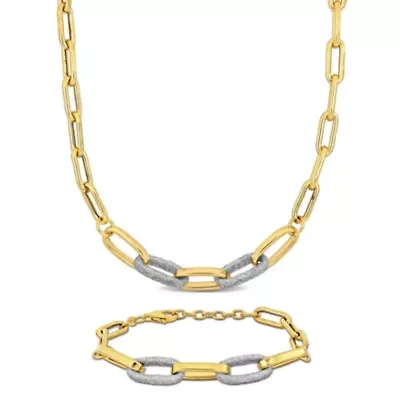 2-Pc Set of Oval Link with White Sparkle Enamel Necklace & Bracelet in Yellow Plated Sterling Silver