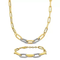 2-Pc Set of Oval Link with White Sparkle Enamel Necklace & Bracelet in Yellow Plated Sterling Silver