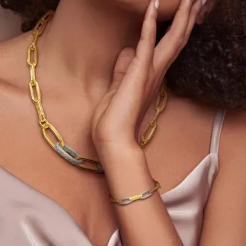 2-Pc Set of Oval Link with White Sparkle Enamel Necklace & Bracelet in Yellow Plated Sterling Silver