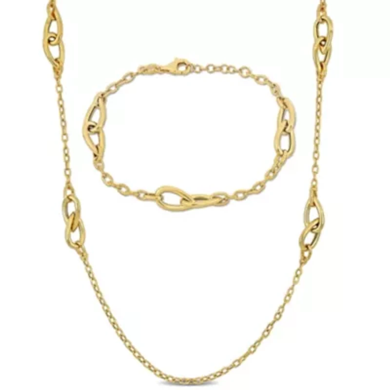 2-Pc Set of 2.5mm Oval Link Chain Double Pear Shaped Link Necklace & Bracelet in Yellow Plated Sterling Silver