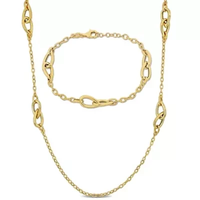 2-Pc Set of 2.5mm Oval Link Chain Double Pear Shaped Link Necklace & Bracelet in Yellow Plated Sterling Silver