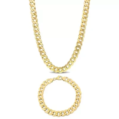 2-Pc Set of Men's 10mm Curb Link Chain Necklace & Bracelet in Yellow Plated Sterling Silver