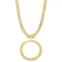 2-Pc Set of Men's 10mm Curb Link Chain Necklace & Bracelet in Yellow Plated Sterling Silver