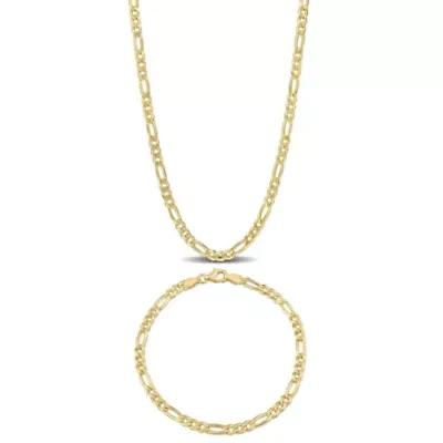 2-Pc Set of Men's 3.8mm Figaro Chain Necklace & Bracelet in Yellow Plated Sterling Silver