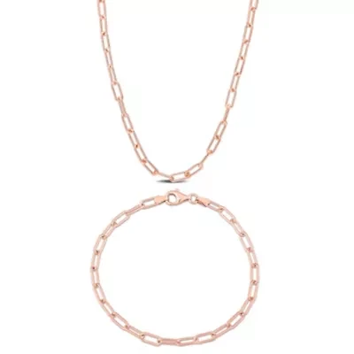 2-Pc Set of 3.5mm Polished Paperclip Chain Necklace & Bracelet in Rose Plated Sterling Silver