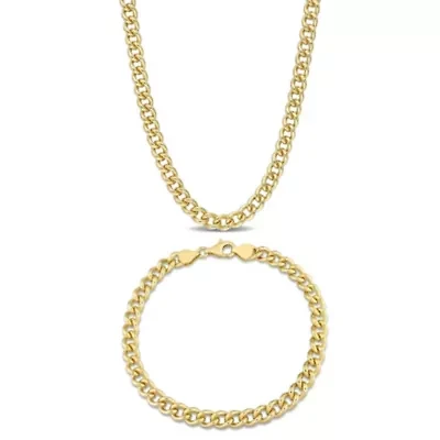 2-Pc Set of Men's 6.5mm Curb Link Chain Necklace & Bracelet in Yellow Plated Sterling Silver