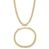 2-Pc Set of Men's 6.5mm Curb Link Chain Necklace & Bracelet in Yellow Plated Sterling Silver