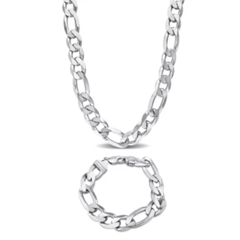 2-Pc Set of Men's 14.5mm Figaro Chain Necklace & Bracelet in Sterling Silver