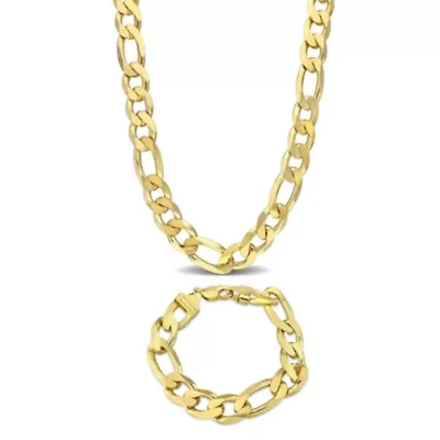 2-Pc Set of Men's 14.5mm Figaro Chain Necklace & Bracelet in Yellow Plated Sterling Silver
