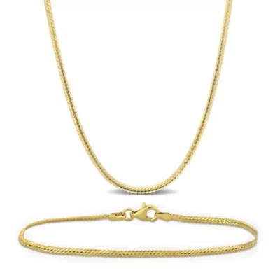 2-Pc Set of 2mm Herringbone Chain Necklace & Bracelet in Yellow Plated Sterling Silver