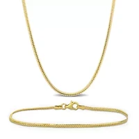 2-Pc Set of 2mm Herringbone Chain Necklace & Bracelet in Yellow Plated Sterling Silver