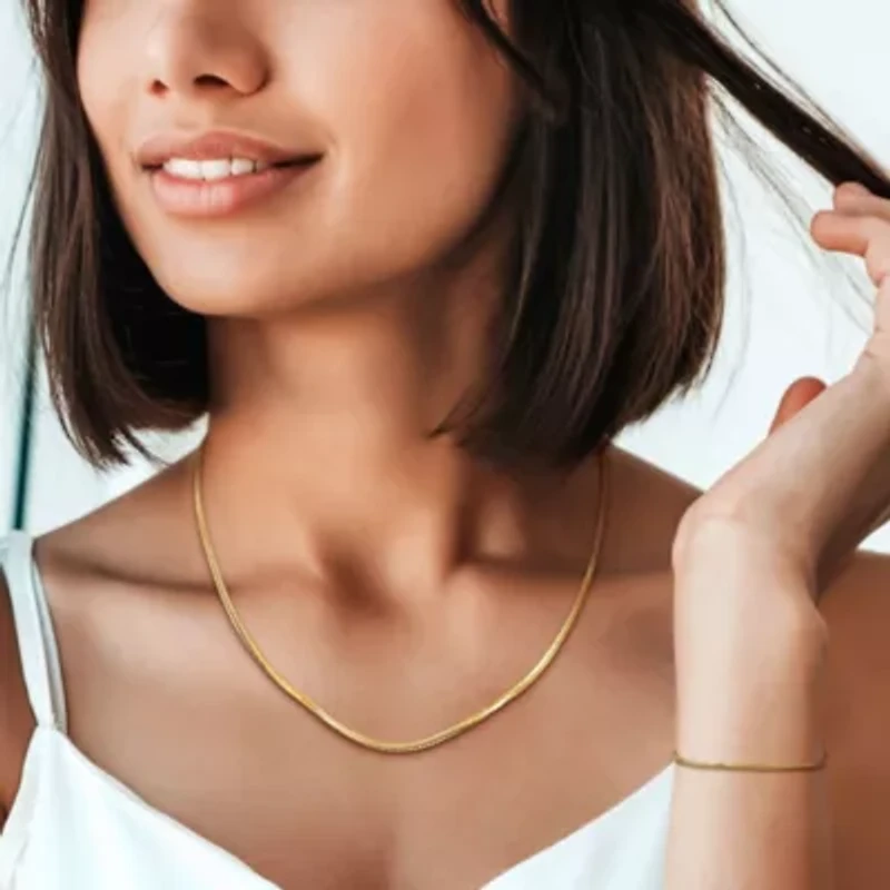 2-Pc Set of 2mm Herringbone Chain Necklace & Bracelet in Yellow Plated Sterling Silver