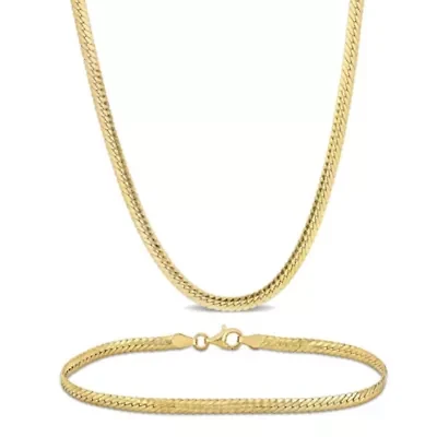 2-Pc Set of 3mm Herringbone Necklace & Bracelet in Yellow Plated Sterling Silver