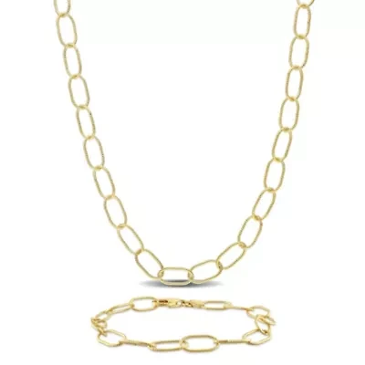2-Pc Set of Men's Rolo Chain Link Necklace & Bracelet in Yellow Plated Sterling Silver