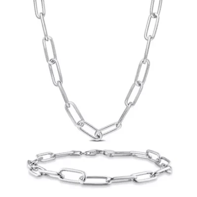 2-Pc Set of 6mm Polished Paperclip Chain Necklace & Bracelet in Sterling Silver