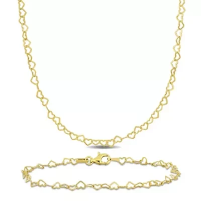 2-Pc Set of 3mm Heart Link Necklace & Bracelet in Yellow Plated Sterling Silver