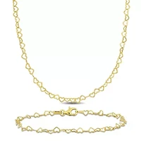 2-Pc Set of 3mm Heart Link Necklace & Bracelet in Yellow Plated Sterling Silver