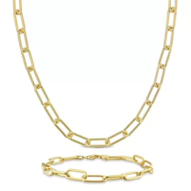 2-Pc Set of Men's 6mm Polished Paperclip Chain Necklace & Bracelet in Yellow Plated Sterling Silver