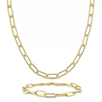 2-Pc Set of Men's 6mm Polished Paperclip Chain Necklace & Bracelet in Yellow Plated Sterling Silver