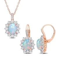 2-Piece Set of Blue Opal, White Topaz & Diamond Accent Necklace & Earrings in Rose Plated Sterling Silver