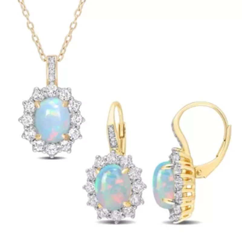 2-Piece Set of Blue Opal, White Topaz, & Diamond Accent Necklace & Earrings in Yellow Plated Sterling Silver