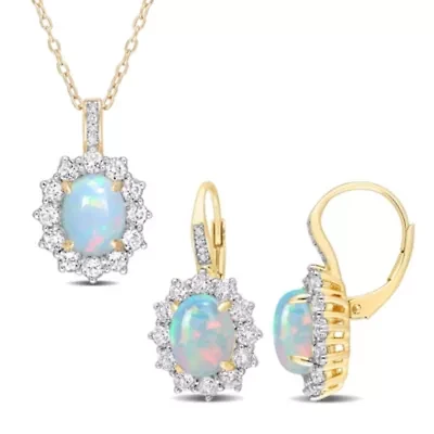 2-Piece Set of Blue Opal, White Topaz, & Diamond Accent Necklace & Earrings in Yellow Plated Sterling Silver