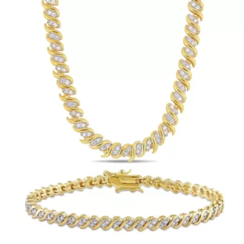 2-Piece Set of 2.97 ct. t.w. Diamond "S" Link Tennis Necklace & Bracelet in Yellow Plated Sterling Silver
