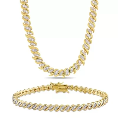 2-Piece Set of 2.97 ct. t.w. Diamond "S" Link Tennis Necklace & Bracelet in Yellow Plated Sterling Silver