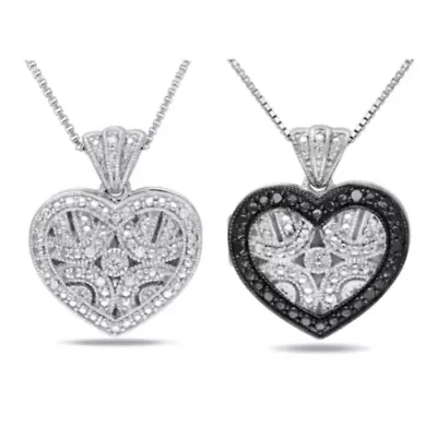 2-Piece Set of Diamond Accent Heart Locket Pendants with Chain in Sterling Silver