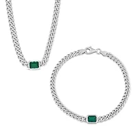 Lab Created 2-Piece Set of Created Emerald Curb Link Necklace & Bracelet in Sterling Silver