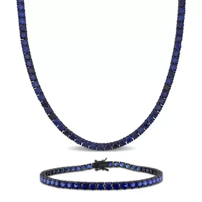 Lab Created 2-Pc Set of Men's Created Blue Sapphire Tennis Necklace & Bracelet in Sterling Silver with Black Rhodium