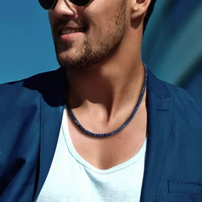 Lab Created 2-Pc Set of Men's Created Blue Sapphire Tennis Necklace & Bracelet in Sterling Silver with Black Rhodium