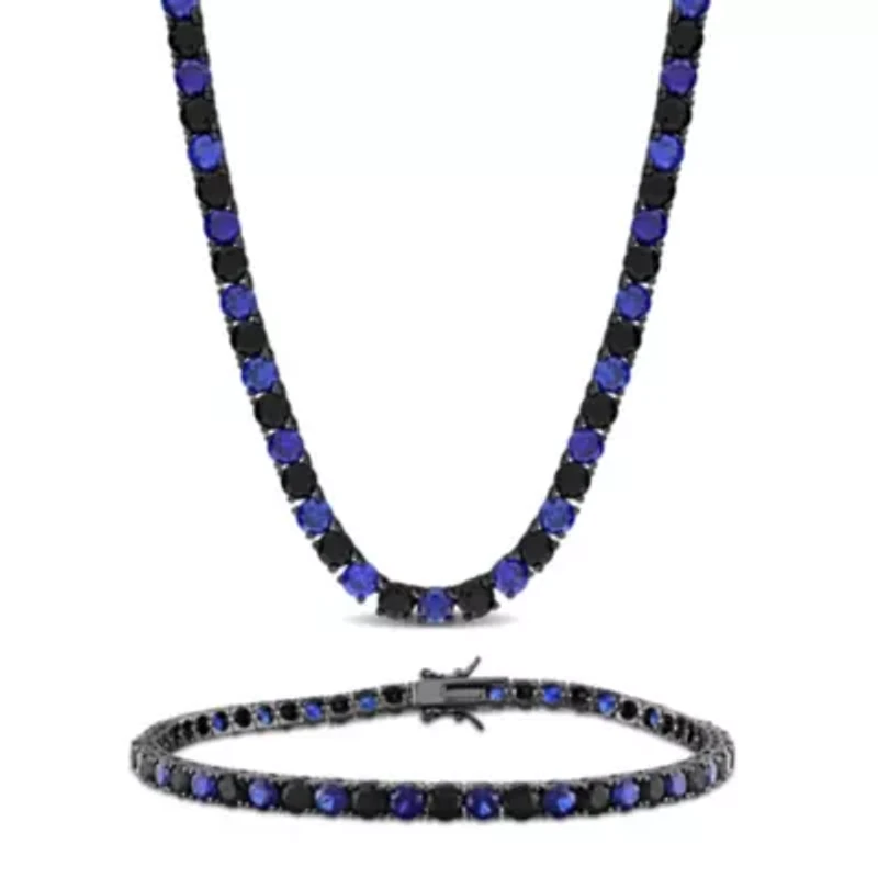 Lab Created 2-Pc Set of Men's Created Blue & Black Sapphire Tennis Necklace & Bracelet in Sterling Silver with Black Rhodium